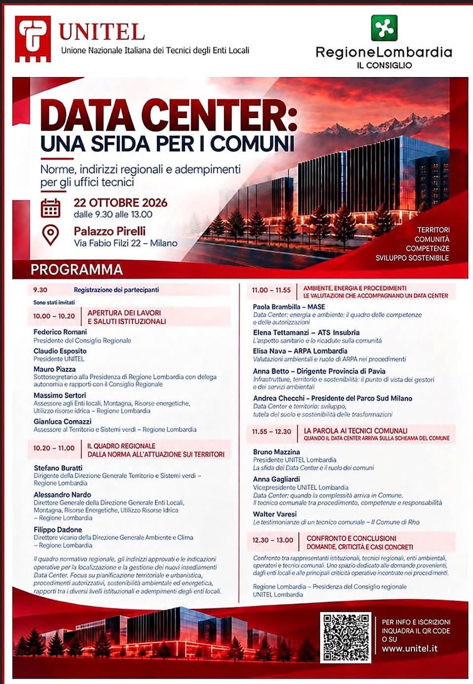 DATA CENTER: UNA SFIDA PER I COMUNI - Anche in Diretta Streaming - 22 ottobre 2026 - Regione Lombardia-Palazzo Pirelli