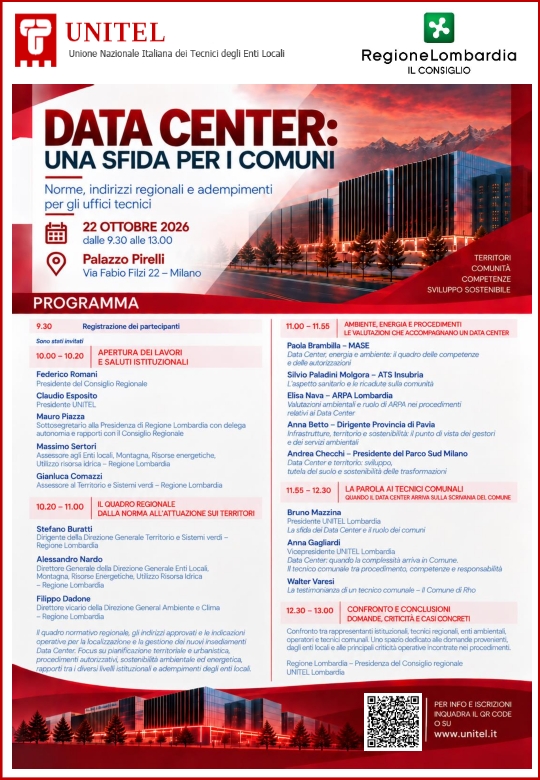 Data Center: una sfida per i Comuni. Convegno 22 ottobre 2026 a Milano